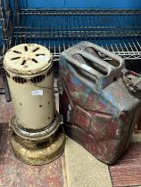 A military Jerry can dated 1968 and a vintage paraffin greenhouse heater. Shipping unavailable