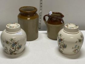 Two salt glazed earthenware vessels and a pair of Royal Cauldron ginger jars