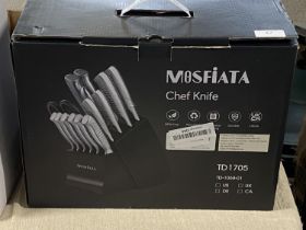 A boxed Mosfiata chef knife set (unchecked)