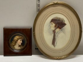 A Victorian portrait and one hand painted watercolour signed FF