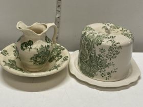 A large Crown Devon cheese bell and plate and Victorian jug and basin, shipping unavailable