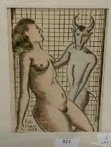 A Dominic Fels watercolour depiciting the devil and a nude woman dated Paris 1958 26x21cm