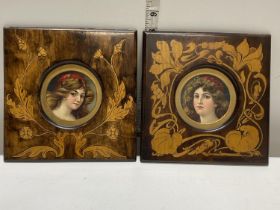 Two framed Victorian portraits in poker worked wooden frames