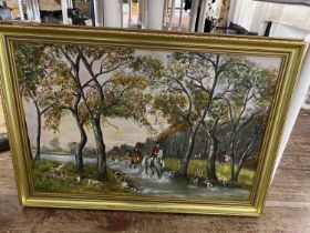 A framed oil on board depicting a hunting scene signed G Beck 85x60cm, shipping unavailable