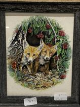 A stunning watercolour of two fox cubs looking out of their den, artist unknown, 31x26cm