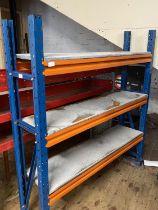 Three shelf metal storage unit L130 x W31 x H142cm, shipping unavailable