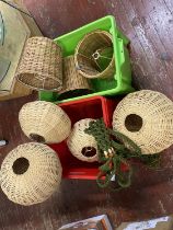 Two boxes of assorted wicker 1970's lamp shades etc, no shipping