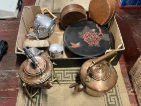 A box full of assorted metal wares and other collectables, shipping unavailable