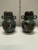 A pair of unusual antique Chinese cloisonne vases with dragon decoration both signed to base h15cm
