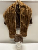 A ladies fur jacket, shawl and hat