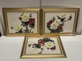 Three framed Chinese flower paintings on rice paper 50x40cm, shipping unavailable