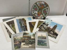 A selection of vintage Chinese prints and a Famille Rose plate