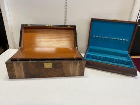 A vintage walnut writing slope and a mahogany cutlery box a/f