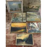 Seven pieces of original framed art work, various artists, largest 50x77cm, shipping unavailable
