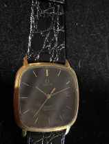 A vintage Omega Deville with date gold plated wrist watch with black face and new battery (missing