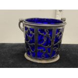 A hallmarked for Birmingham 1854 silver bucket with blue glass liner, net weight of silver 75g,