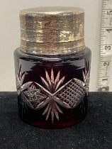 A hallmarked for London 1892 silver topped large bottle with cranberry glass, maker John