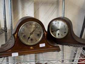 Two vintage wooden cased Napoleon hat mantles clocks, no keys, shipping unavailable