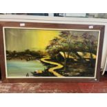A Vietnamese oil on canvas signed by the artist S Huana, 100x60cm, shipping unavailable