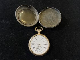 A vintage 14ct gold Waltham pocket watch (missing glass) works intermittently, has a copper dust