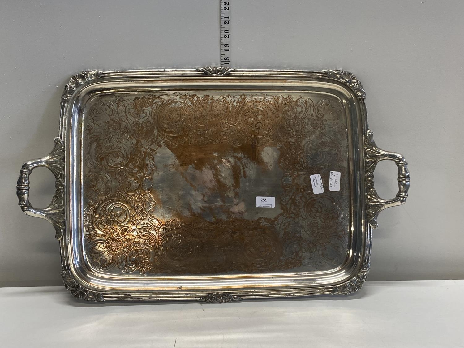 A large silver on copper butlers tray by Cowie and Co Longacre, 73x45cm, shipping unavailable