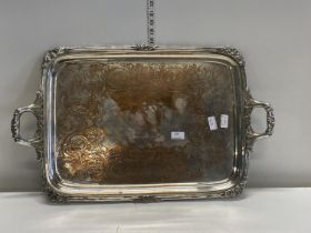 A large silver on copper butlers tray by Cowie and Co Longacre, 73x45cm, shipping unavailable