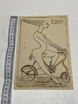 A Dominic Fels lady on a bike surrealist ink sketch, signed