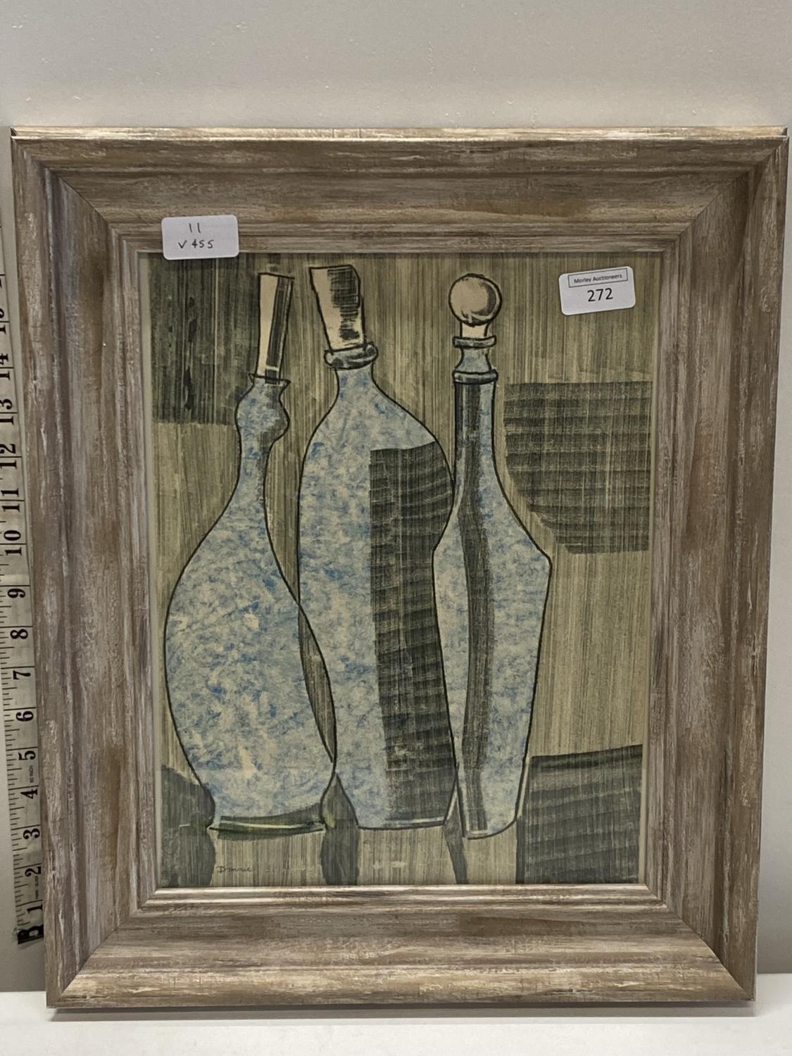 A Dominic Fels framed watercolour of three blue bottles signed