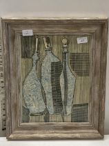 A Dominic Fels framed watercolour of three blue bottles signed