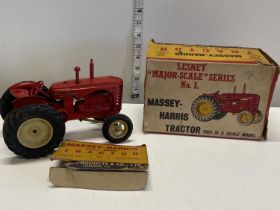 A boxed Lesney major scale series no 1 Massey-Harris tractor. Damage to box