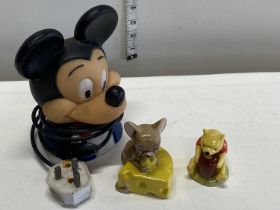 A vintage Mickey Mouse table lamp and two ceramic Disney figurines