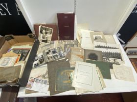 A good box of misc ephemera including singed pencil sketch by William Monk