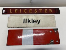 Two vintage railway signs for Leicester/Northampton and Ilkley/Harrogate and a vintage signalling