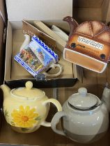 A box of misc ceramics including Sadler, shipping unavailable