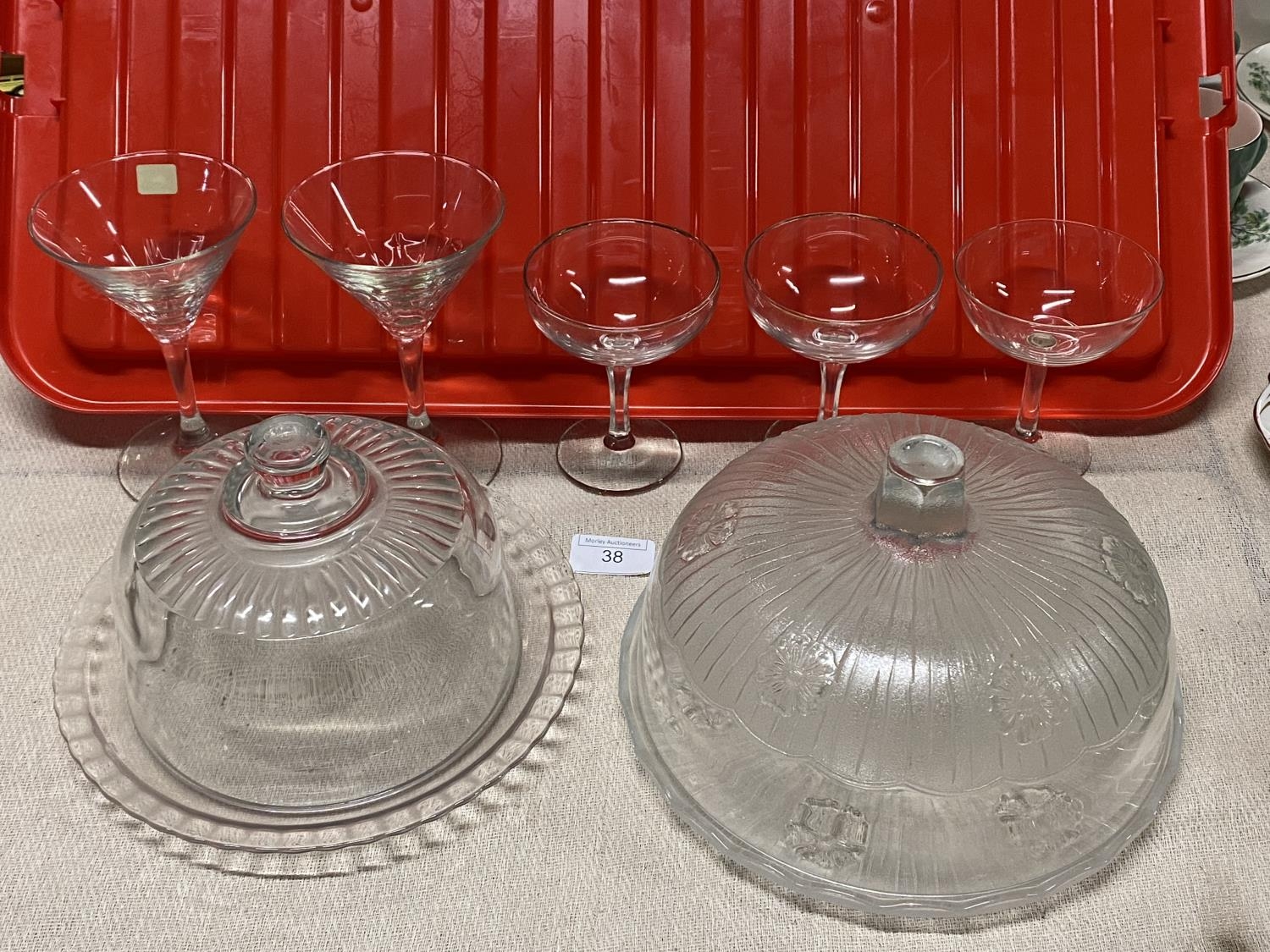 A selection of vintage glass ware including glass cake domes, shipping unavailable