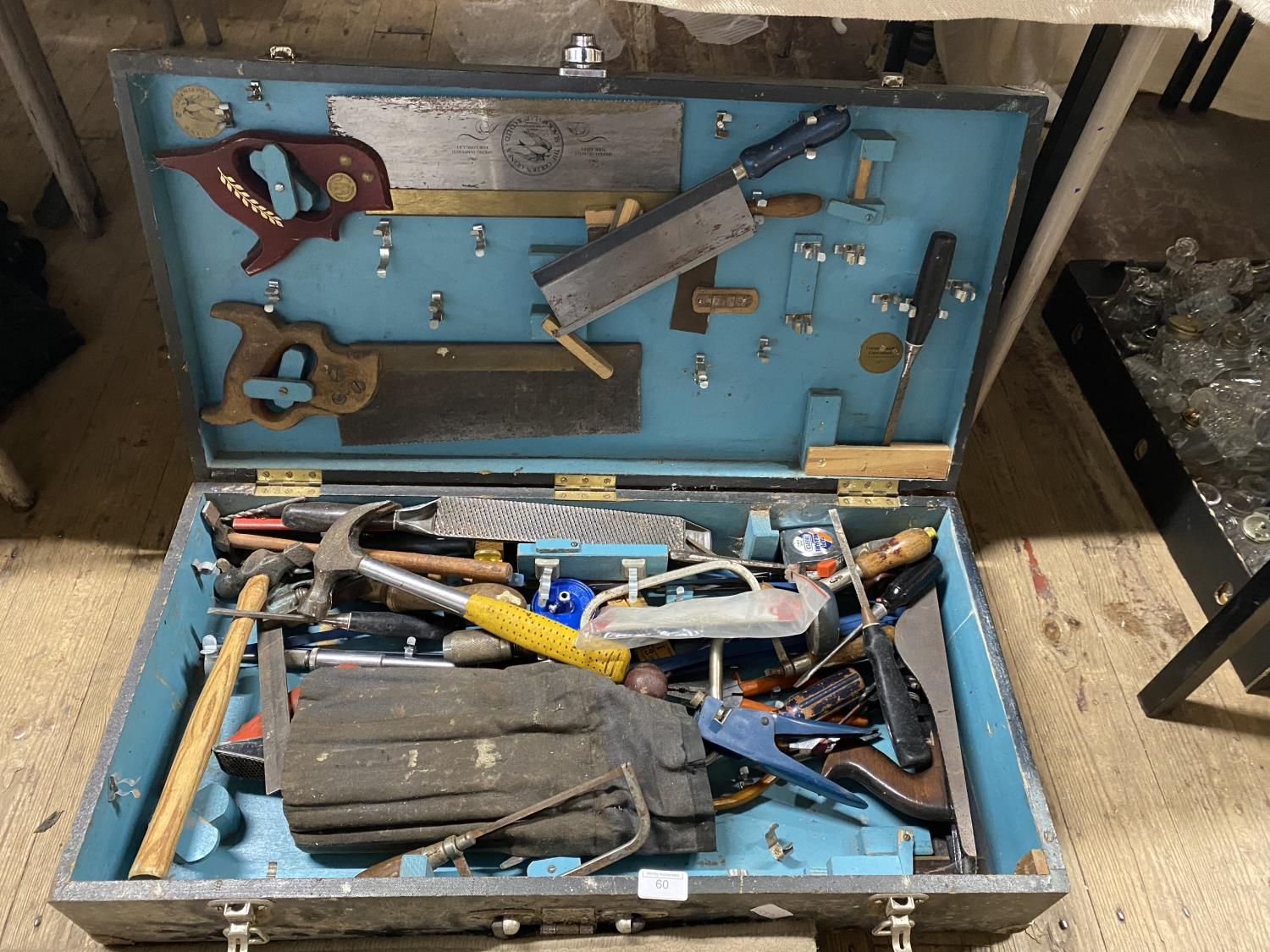 A vintage carpenters toolbox and contents of tools, shipping unavailable