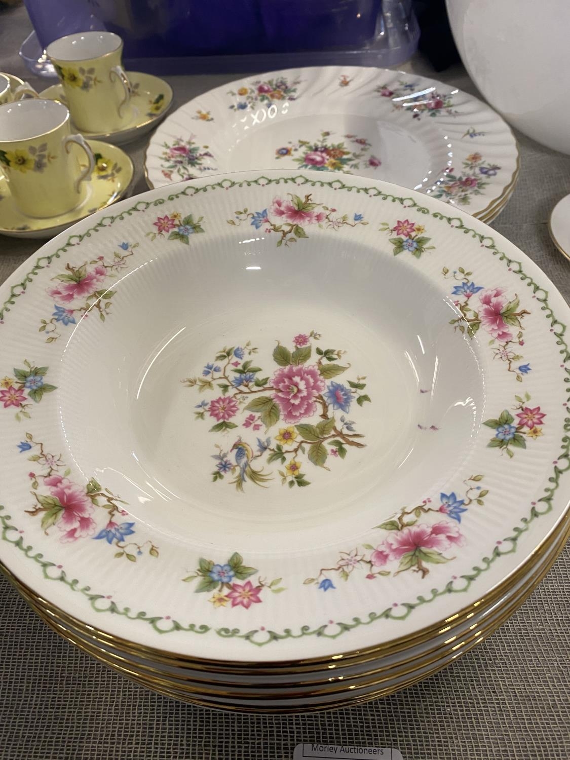 Three Minton Marlow pattern dinner plates and six Paragon Tay San soup bowls, shipping unavailable