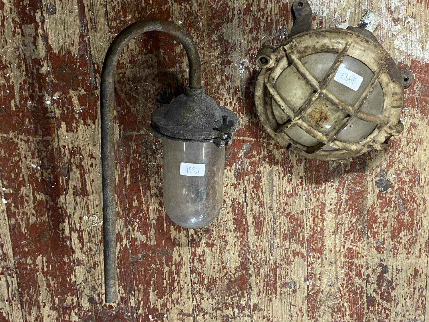 Two vintage industrial light fittings, shipping unavailable