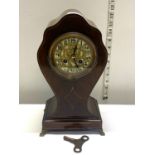 A AD. Mougin mahogany cased mantle clock with brass dial, key and pendulum, h32cm, shipping