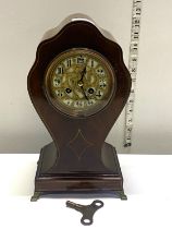 A AD. Mougin mahogany cased mantle clock with brass dial, key and pendulum, h32cm, shipping