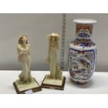 A vintage Oriental vase and two resin lady figurines