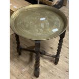 A antique Indian foldable table and brass tray, H47cm shipping unavailable