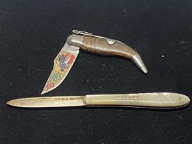 A hallmarked silver bladed and MOP pen knife and vintage horn handled pen knife