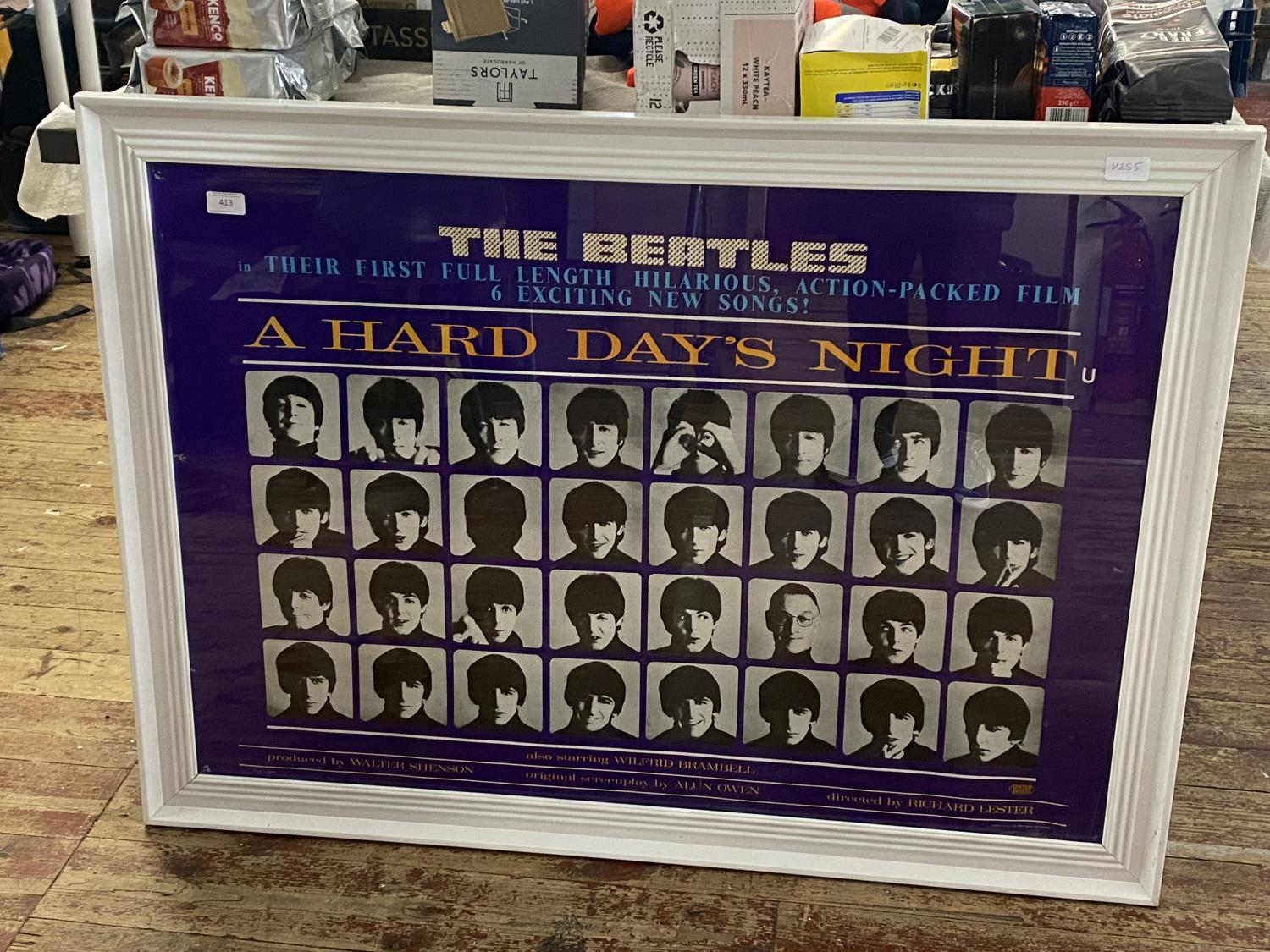 A large framed Beatles poster for the film 'Hard Days Night' 111x80cm, shipping unavailable