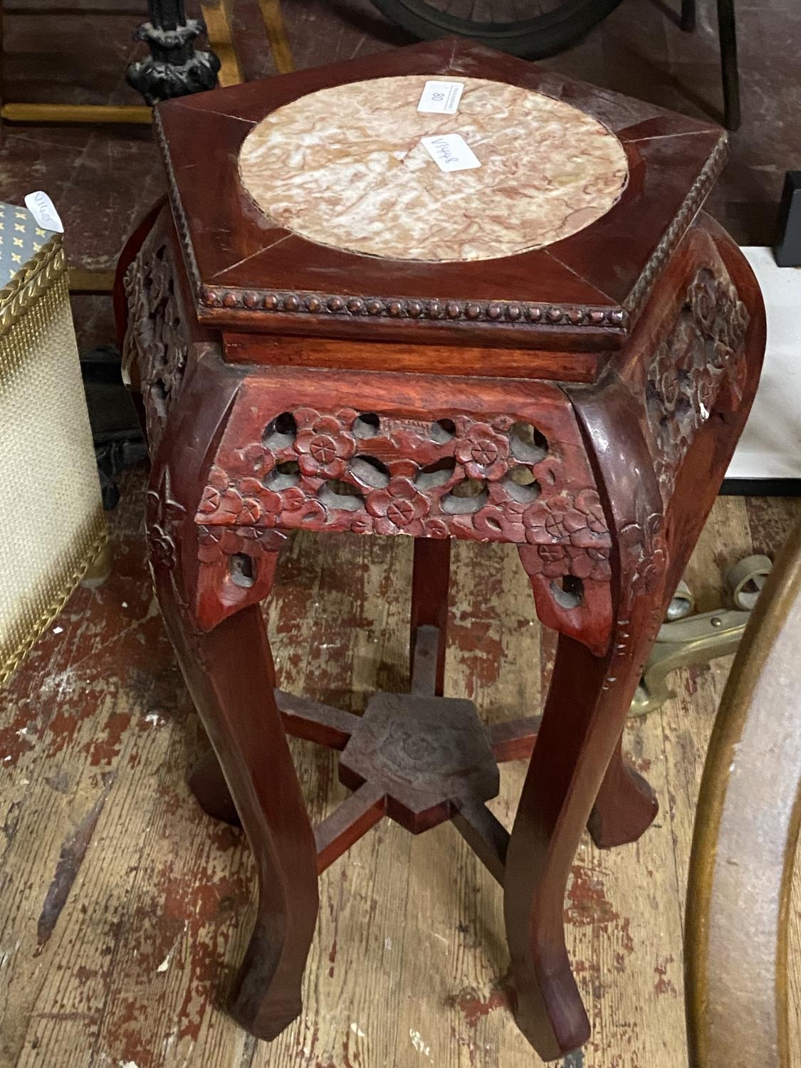 A vintage Chinese Rosewood planter stand with marble insert to top, H82cm