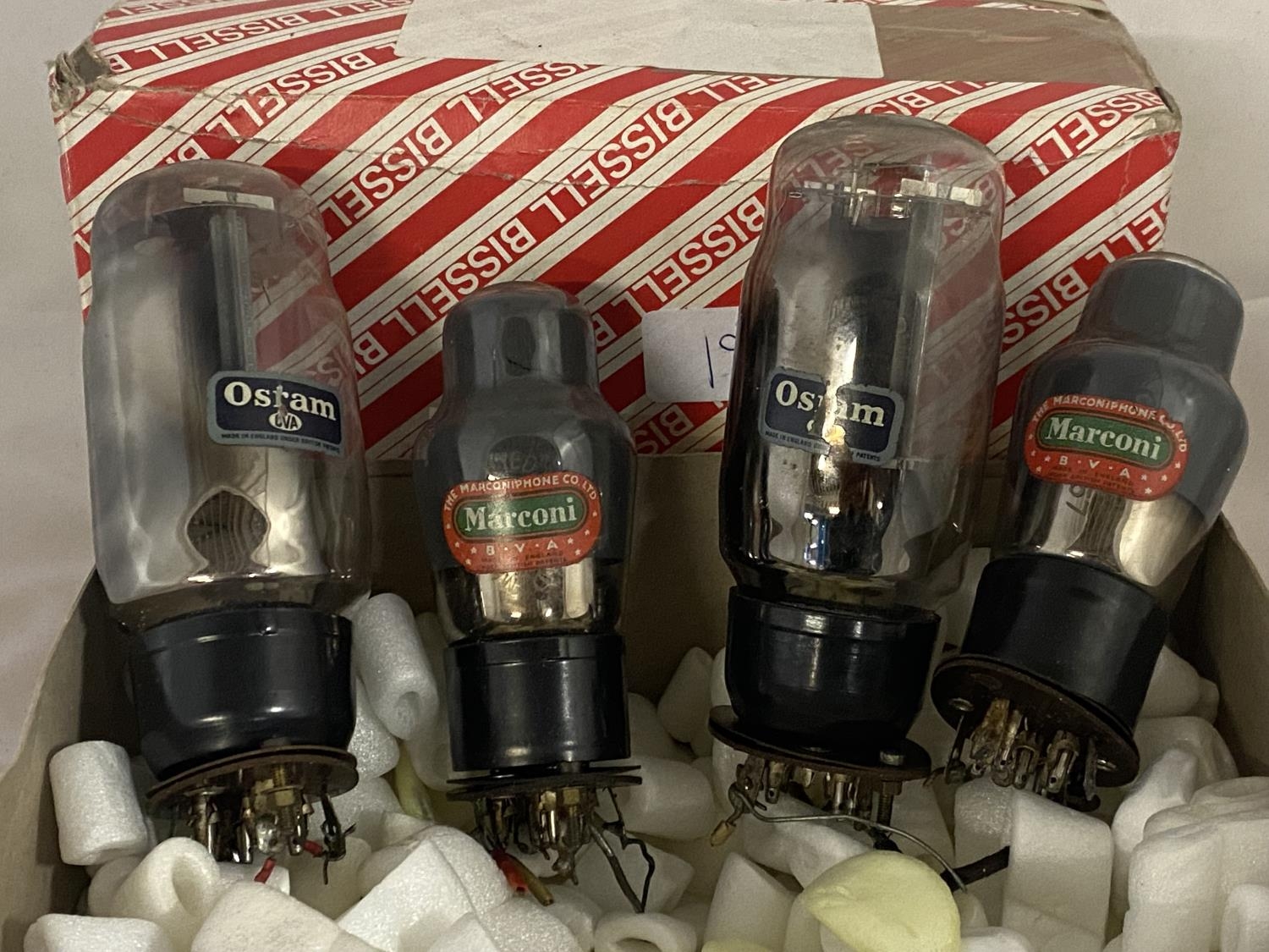 A box of assorted vintage radio valves, shipping unavailable