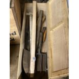 A wooden box and contents of vintage tools, shipping unavailable