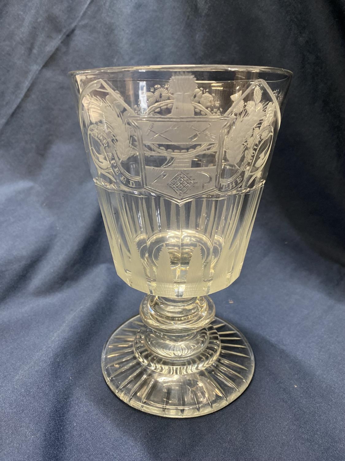 A very rare large Georgian wheel etched glass chalice with facet cut decoration 'God Speed the - Image 2 of 5