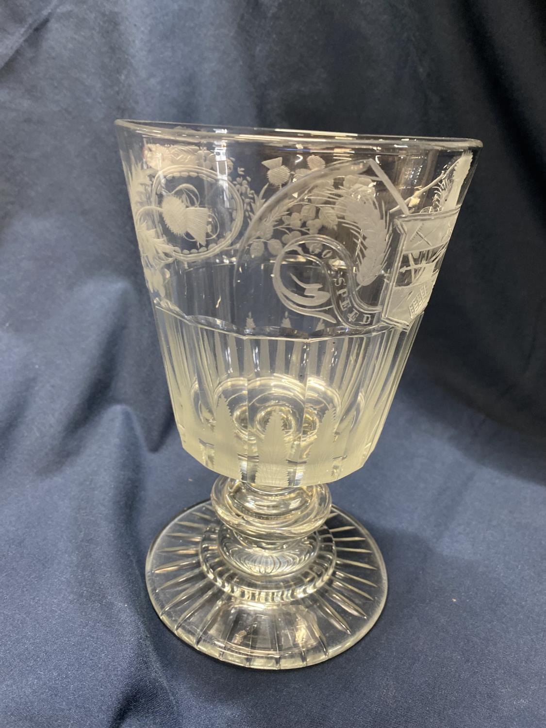 A very rare large Georgian wheel etched glass chalice with facet cut decoration 'God Speed the - Image 3 of 5