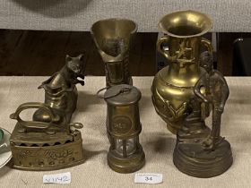 A job lot of assorted brassware including miniature miners lamp